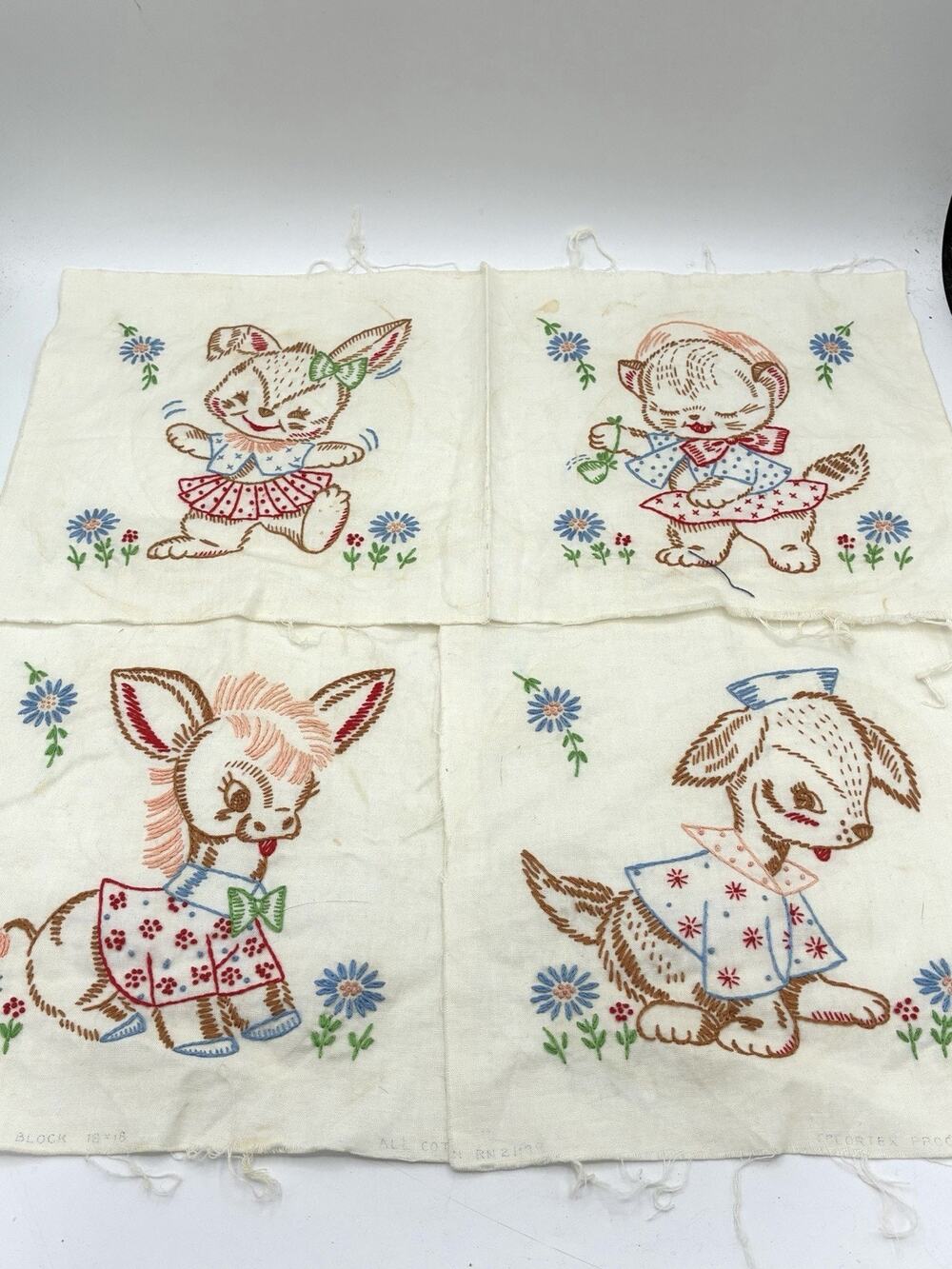 Vintage Embroidered Nursery Quilt Blocks Lot 3 Single 9x9 + 1 Double 18x9 Animal